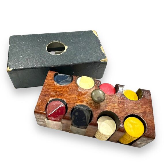 Bakelite Plastic Poker Chips w/Wood Holder Vintage Small Miniature Caddy W/Cover - Picture 14 of 14